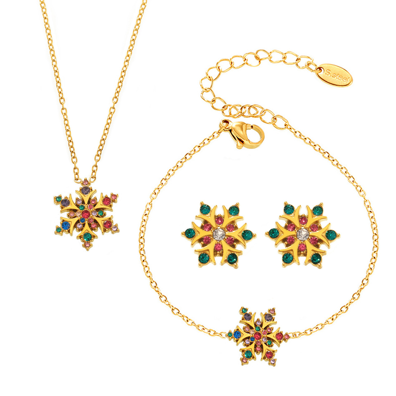 Navidad copo de nieve hecha a mano incrustado collar de zircon pendientes pulsera atmósfera de acero inoxidable lujo ligero conjunto en stock