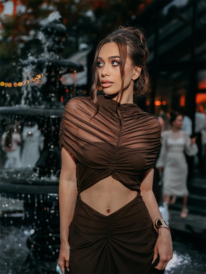 Women's Sexy Hollow Out Short Sleeve Mock Neck Ruched High Waist Floor Length Maxi Dress – Trendy Club Gown_ecoleips.com