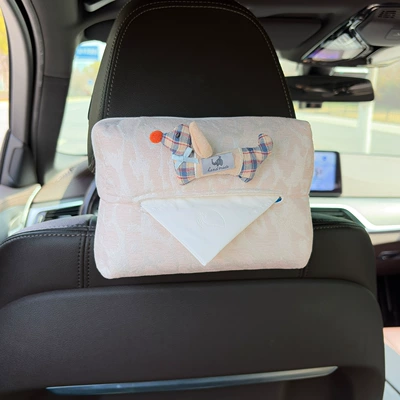 Cartoon Fabric Dachshund Dog Car Tissue Box, Car Seat Back Tissue Holder, High-End Armrest Box Tissue Box for Women (Car tissue box/set) - fabric-patch-style-blue-plaid-dog-leopard-print-tissue-box-off-white