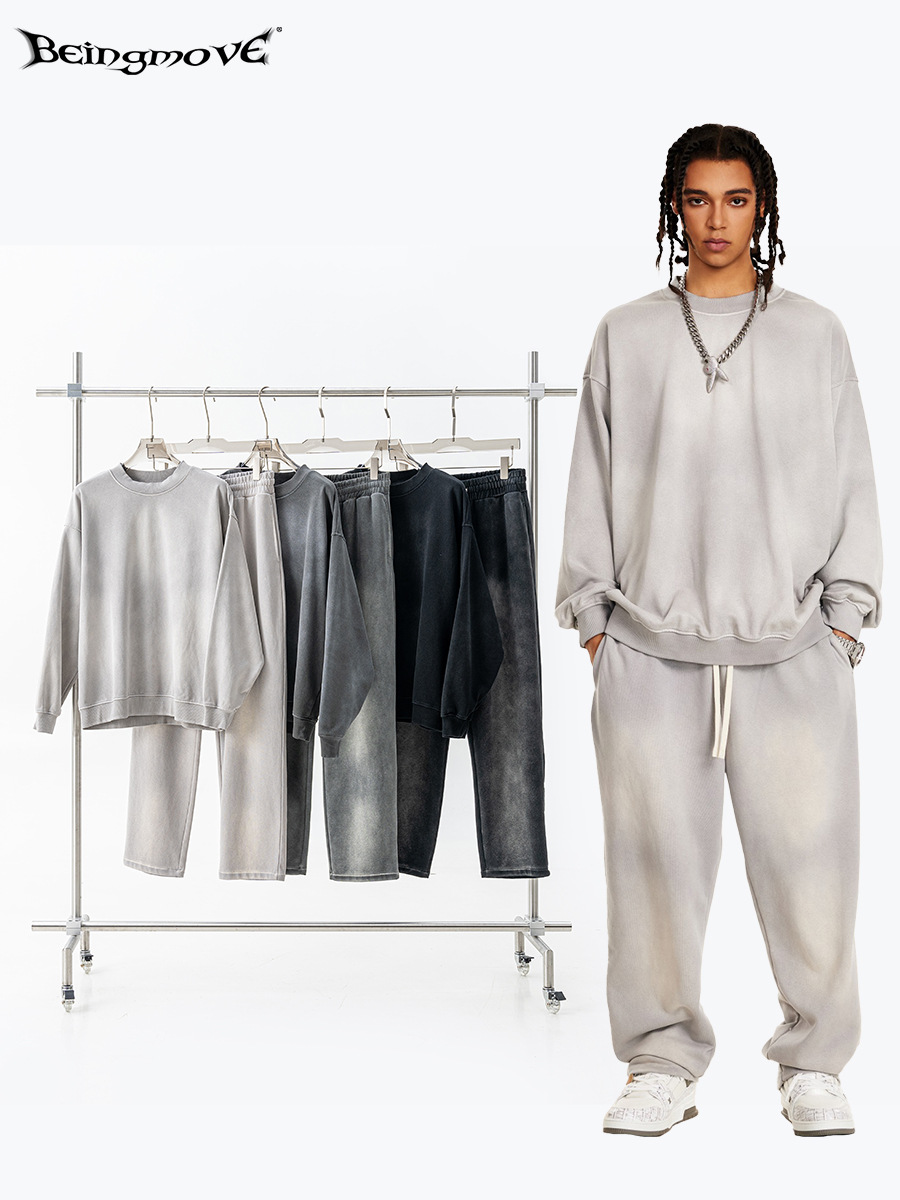 2025 otoño estilo americano marca de moda alta calle suelta suéter set de alta calidad ocio deportivo pantalones de piernas anchas dos piezas set hombre