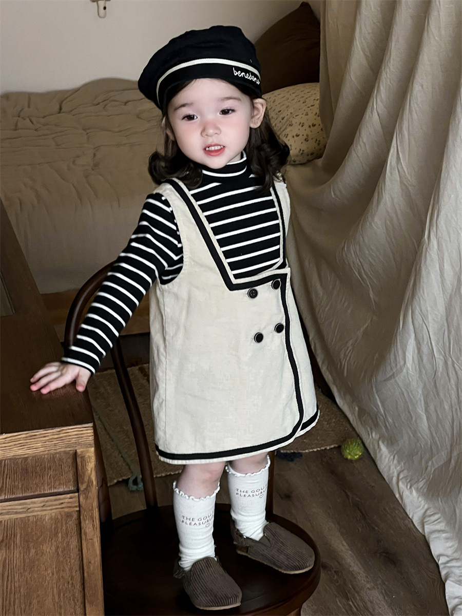 Set de otoño infantil coreano ropa infantil ropa de bebé camiseta de fondo a rayas de camisa de cordillera vestido set