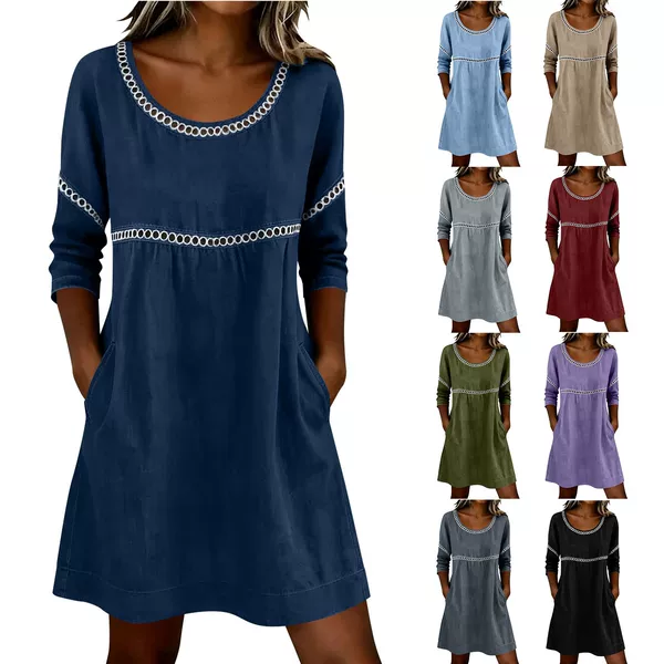 Amazon Independent Site Wish New Product Women's Solid Color Round Neck Hollow-Out Casual Top Women's Lace Patchwork Dress