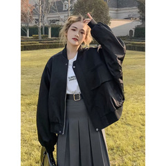 黒の短いコートの女性2025春秋の新しいoversize野球服のジャケットの学生服の上着