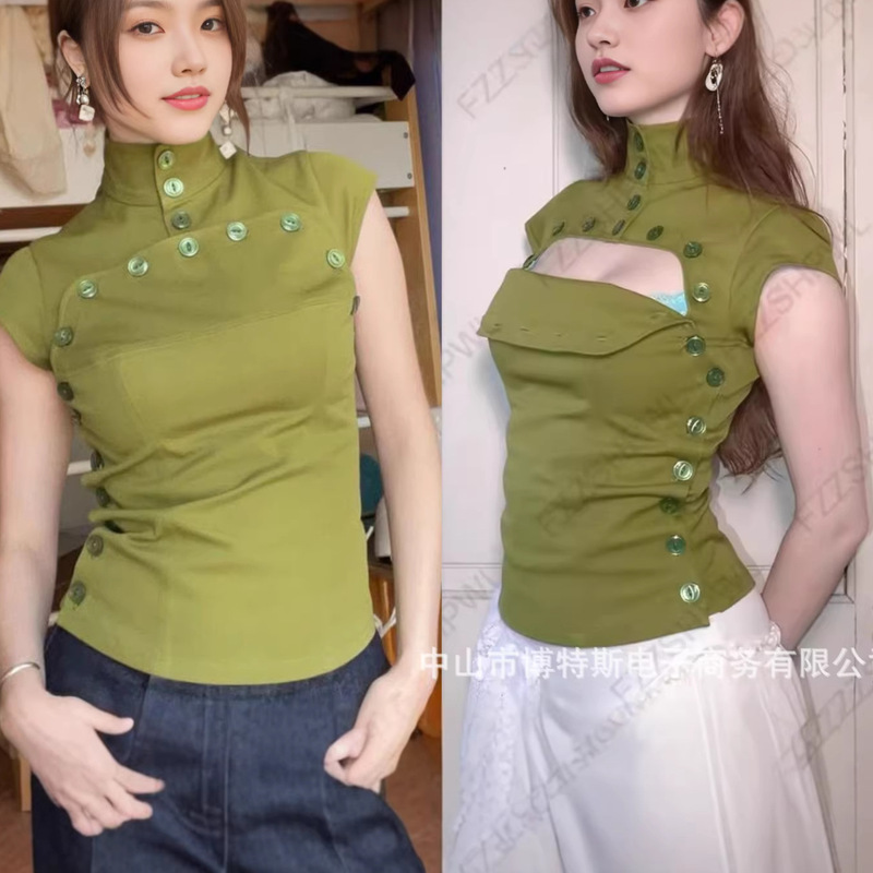 Cross-Border Fashion European and American Style Retro Stand-Up Collar Single-Breasted Design Elegant Slim-Fit Short-Sleeve Shirt Top Cross-Border Fashion European and American Style Retro Stand-Up Collar Single-Breasted Design Elegant Slim-Fit Short-Sleeve Shirt Top
