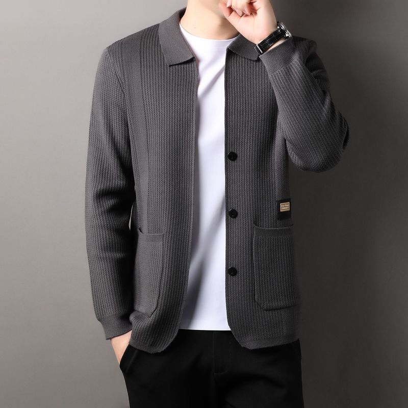 高端轻奢开衫毛衣外套男春秋新款时尚潮流男装休闲提花翻领针织衫|undefined