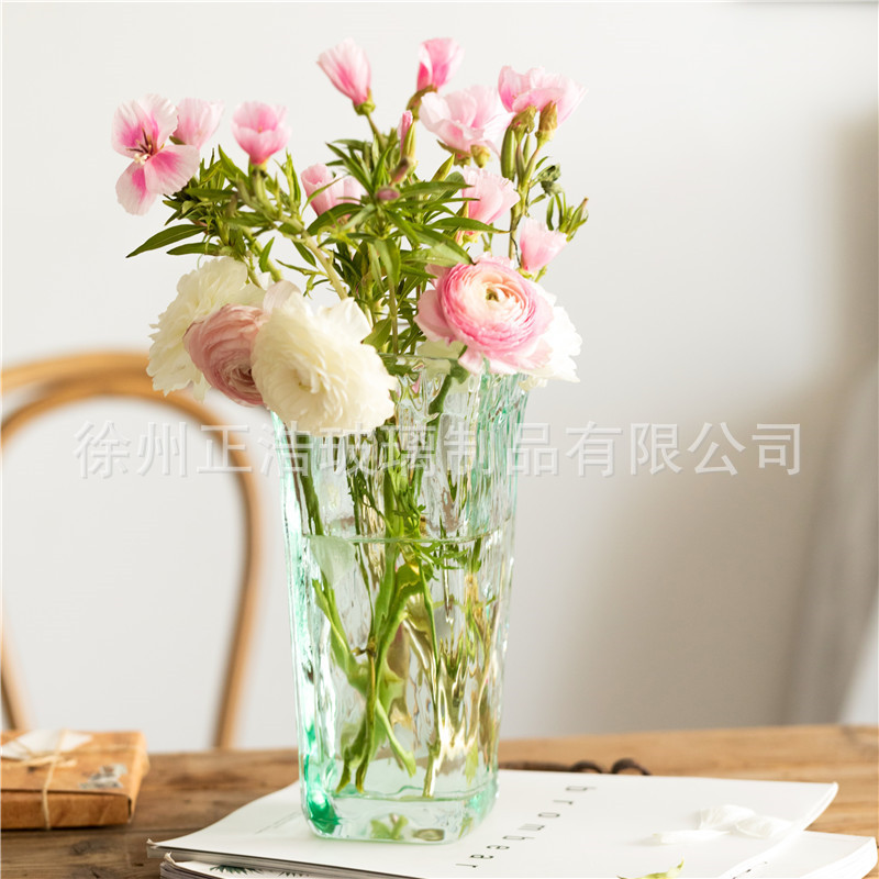 复古美式敞口波浪口玻璃花瓶原色绿色鲜花水培花器绿植摆件装饰瓶|ru