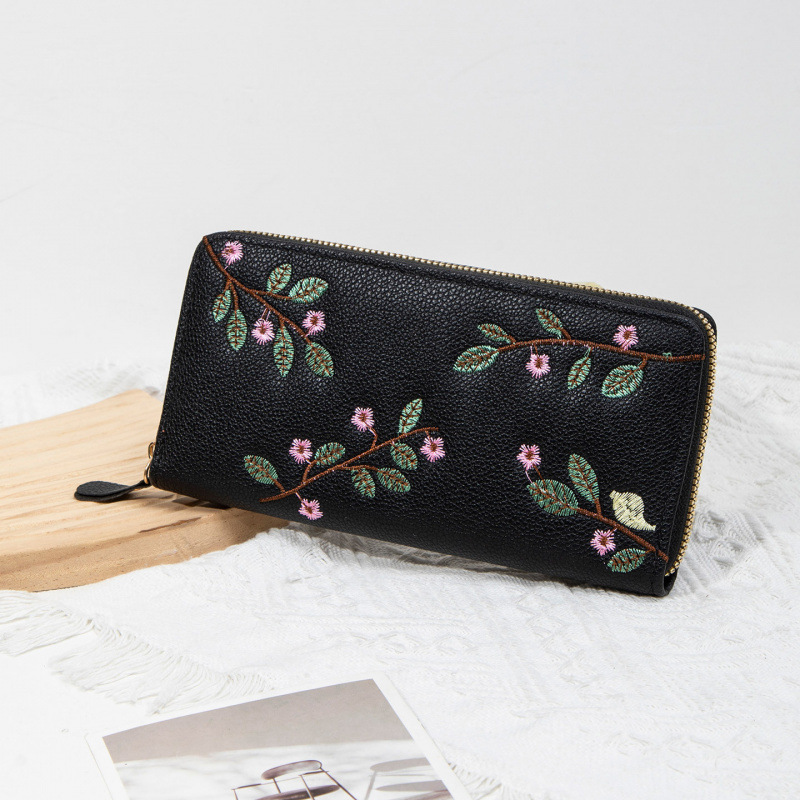 2025 nueva cartera de mujer larga cremallera bolso de mano de moda bordado bolso de cambio de cuero suave de gran capacidad