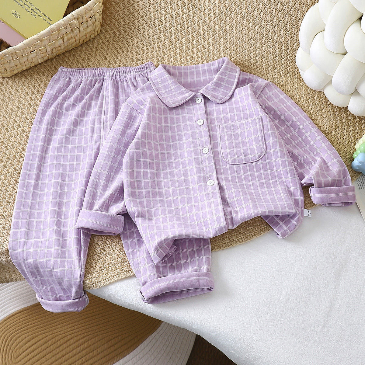 Pajamas infantiles de cotton de estilo coreano para niños y niñas, camisetas simples a cuadros, ropa para el hogar con solapa de dos piezas para mantener el calor