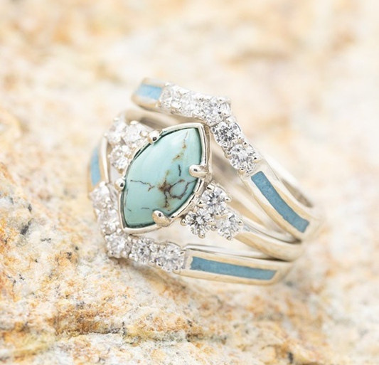 Wish New Accessories Europe and America Cross Border Creative Turquoise Diamond Three-Piece Women's Ring Ins Bracelet