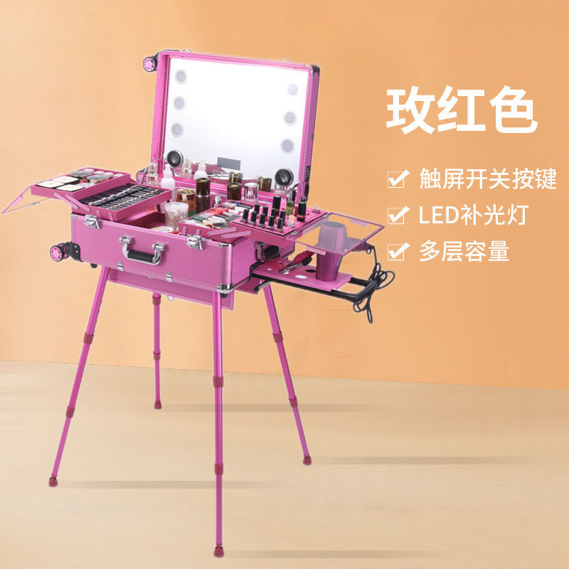 Actualización de la caja de maquillaje con soporte de varilla de tracción de lámpara, maquillaje profesional con maquillaje, bordado de manicuras, belleza portátil, gran capacidad