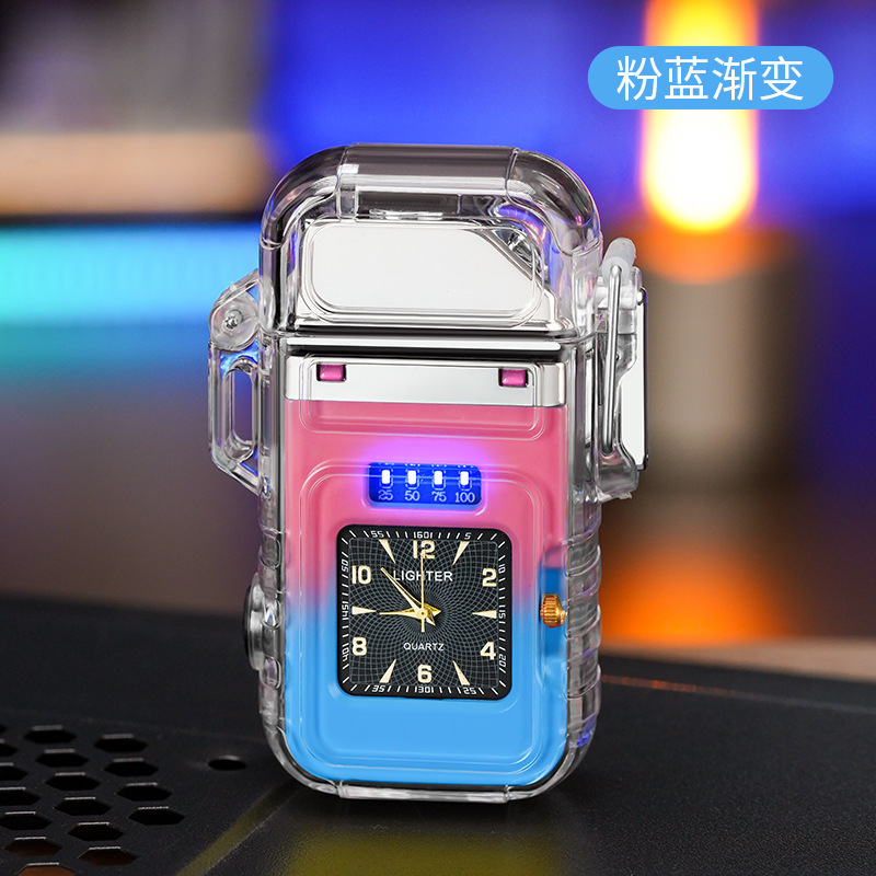 新型腕時計付き防水ライター透明シェルダブルアーク充電シガレット付きCOB強光照明卸売り|undefined