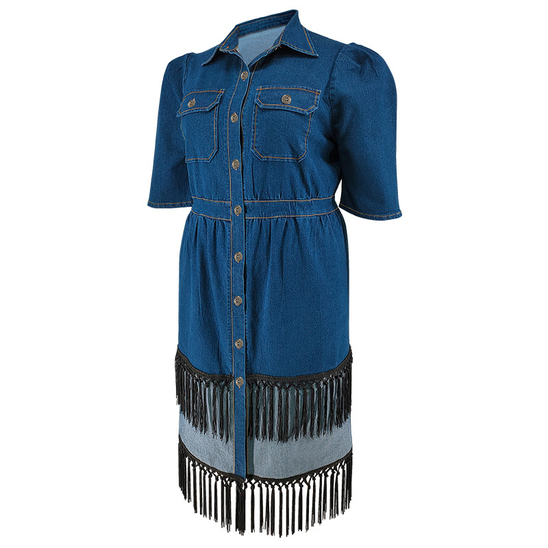 Plus size jeansklänning för kvinnor med krage och tofsar_voghion.com