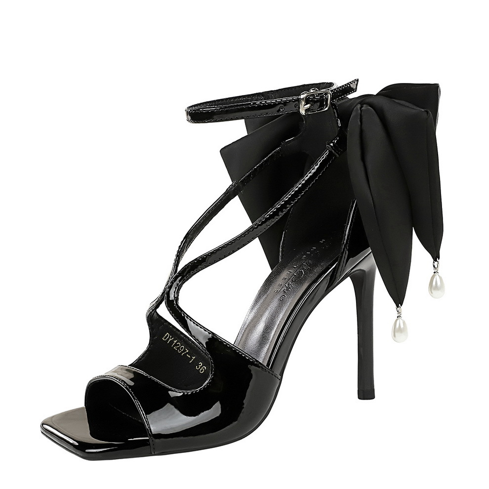 Black Stiletto Sandals With Bowknot And Pearls Open Toe Heels_voghion.com