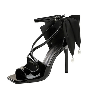 1297-1H100M European and American style fish mouth exposed toe bow pearl black thin heel super high heels wearing sandal