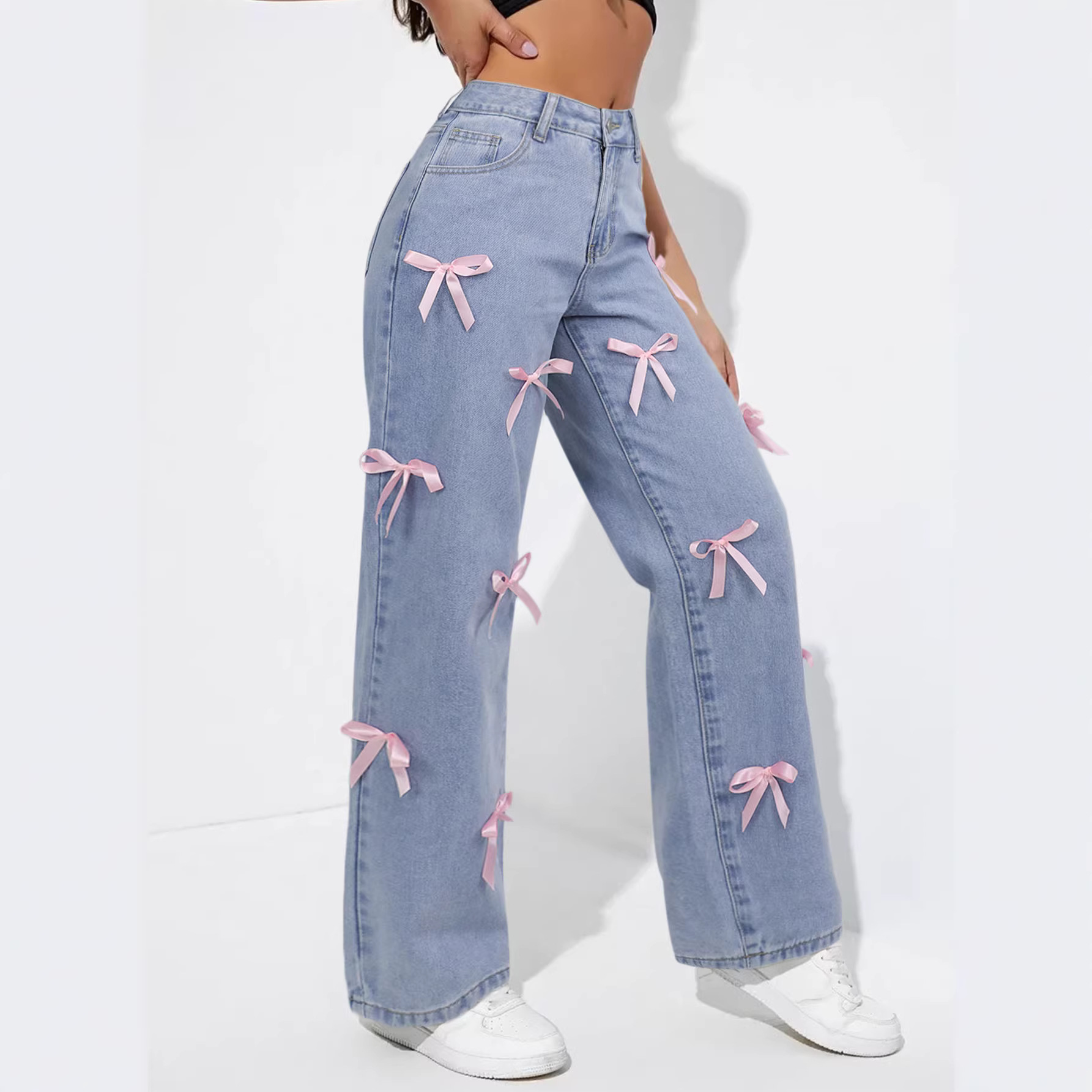 Women's Clothing High Waisted, Bow Tie Patchwork Wide Leg Jeans For Women, Y2K Style, Loose Fit._ecoleips.com
