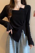 大码女装长袖德绒打底衫女秋冬胖mm遮腹显瘦不规则褶皱开叉打底衫