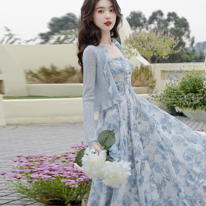 New Chinese Ink and Wash Dye National Style Fairy Style Super Fairy Mori High-end Blue Sling Cardigan Two-piece dress Set
