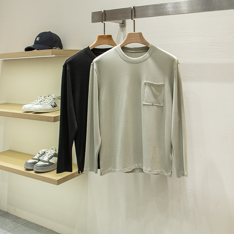[Bv Version] Soft and Comfortable! Knitted Rivet Pocket Men's Autumn and Winter Warm Long Sleeve T-Shirt Base Shirt