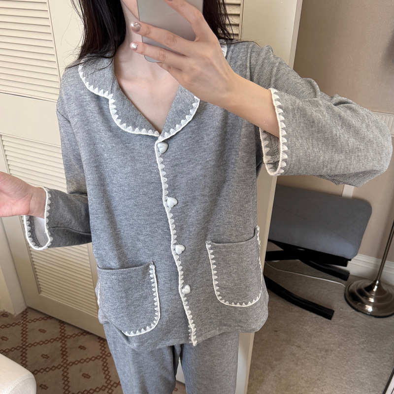 Crescent Edge Brushed Cashmere Pajamas for Women Autumn and Winter Cardigan Long-Sleeved High-End Warm and Wearable Home Wear Set