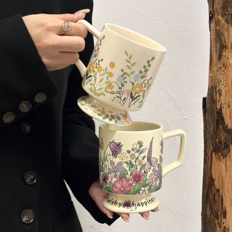 Vintage Floral Ceramic Mug Large Capacity Coffee Cup For Home_voghion.com