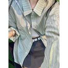 夏季2023森系绿色条纹衬衫外套女宽松休闲显瘦中长款防晒衬衣外穿