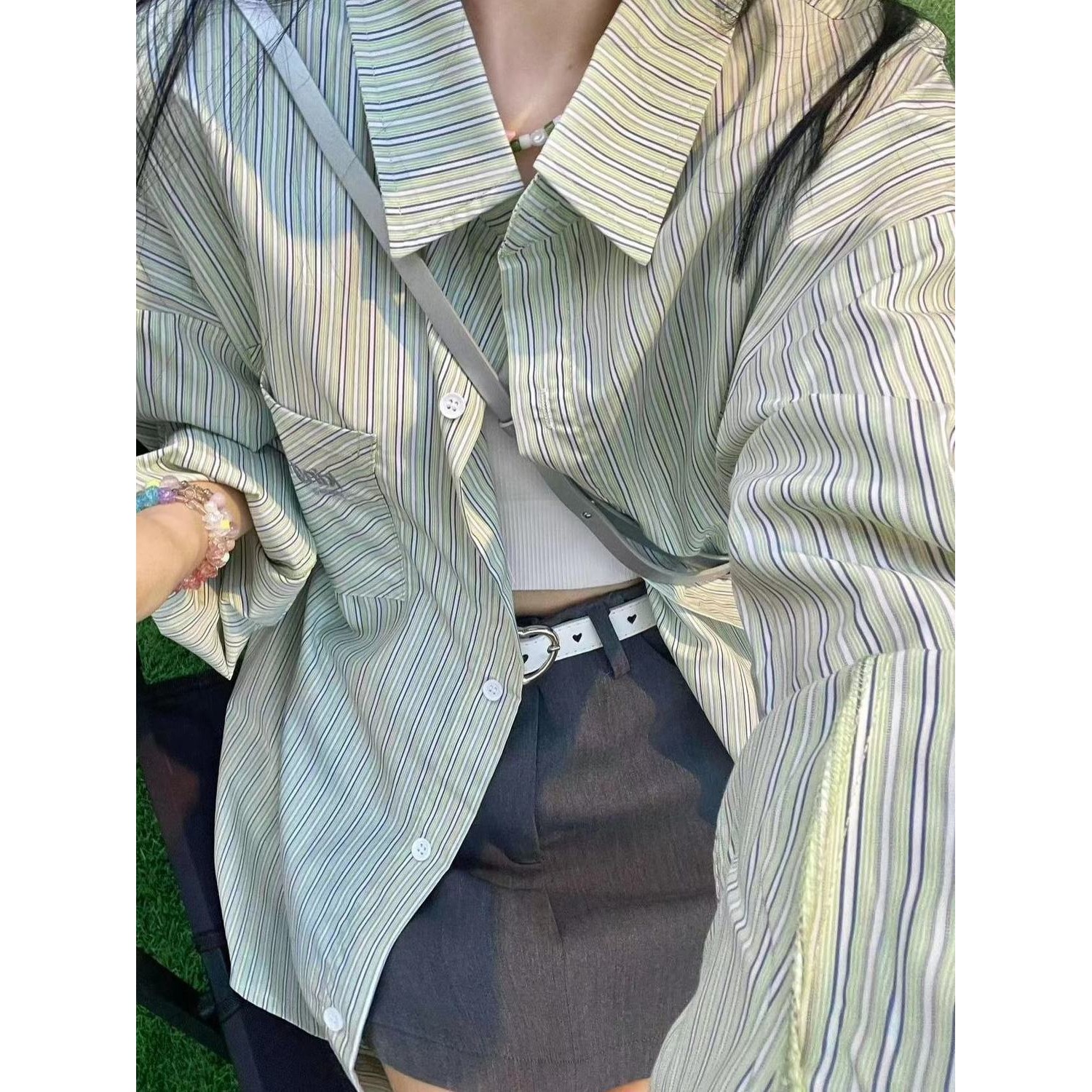 夏季2023森系绿色条纹衬衫外套女宽松休闲显瘦中长款防晒衬衣外穿
