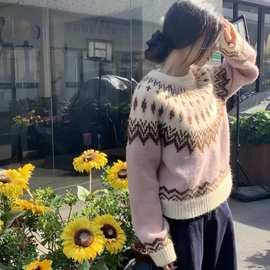 粉色费尔岛软糯毛衣女秋冬季复古慵懒加厚套头针织衫别致宽松上衣