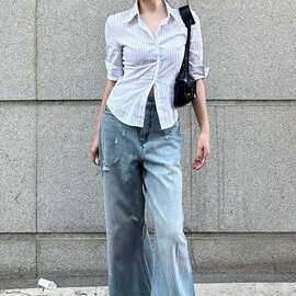 美式辣妹撞色条纹衬衫女夏季新款五分中袖翻领衬收腰显瘦短款上衣