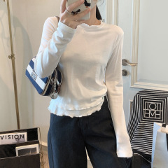 长袖打底衫女2025新款秋季女装韩版时尚纯色木耳边圆领t恤上衣女