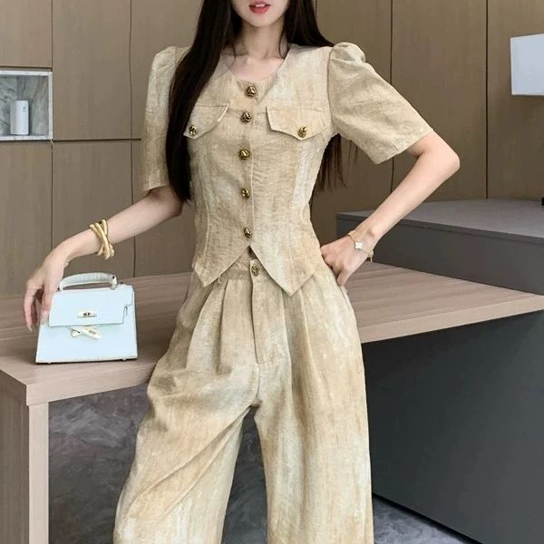 欧货高级感套装女2025夏装薄款时尚气质上衣+百搭直筒阔腿裤|undefined