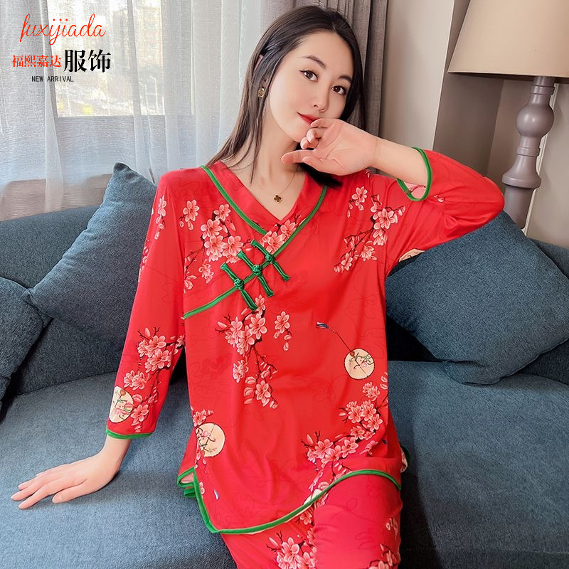 Trendy Women's Loungewear Set with Button-Up Top and Pants, Ethnic Style New Pajamas, Thin Outerwear with National Style