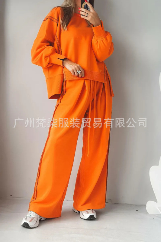 欧美跨境2025秋冬亚马逊新款圆领拼接卫衣抽绳运动长裤休闲套装女|undefined
