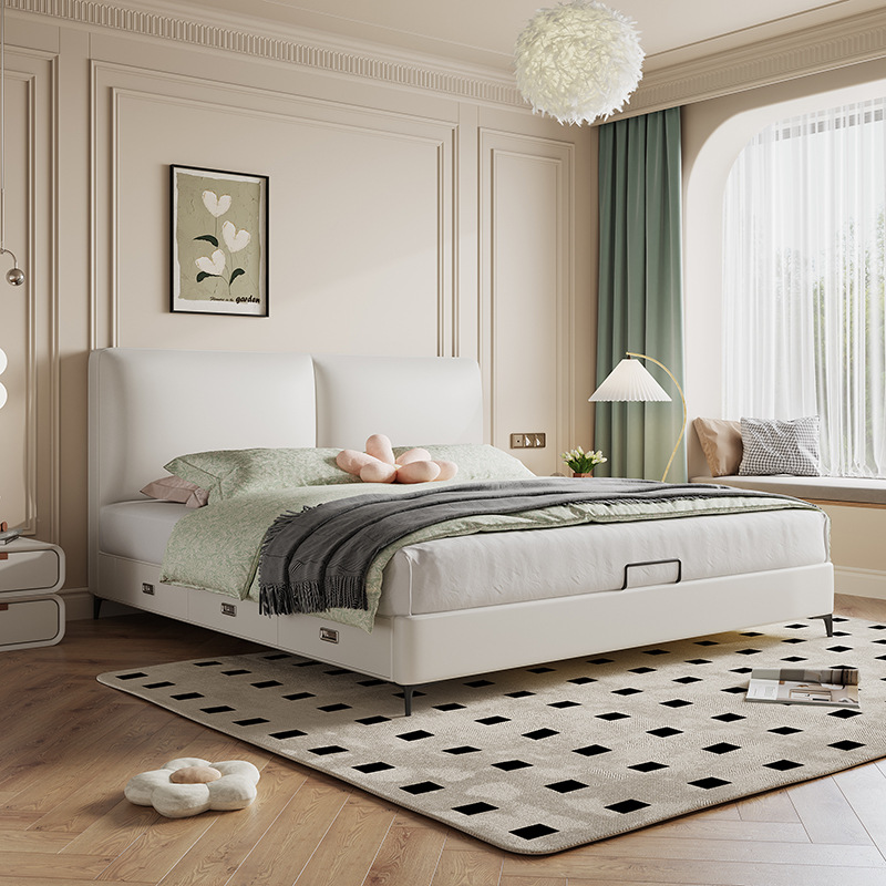 Cama con almacenamiento color crema, cama doble, 1.8 metros, dormitorio principal, estilo nórdico, cama con presión de aire, apartamento pequeño, cama con panel de almacenamiento con presión de aire. image 3