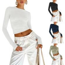 Women T-shirt Long Sleeve Crew Neck Solid   Fit Ladies Cr