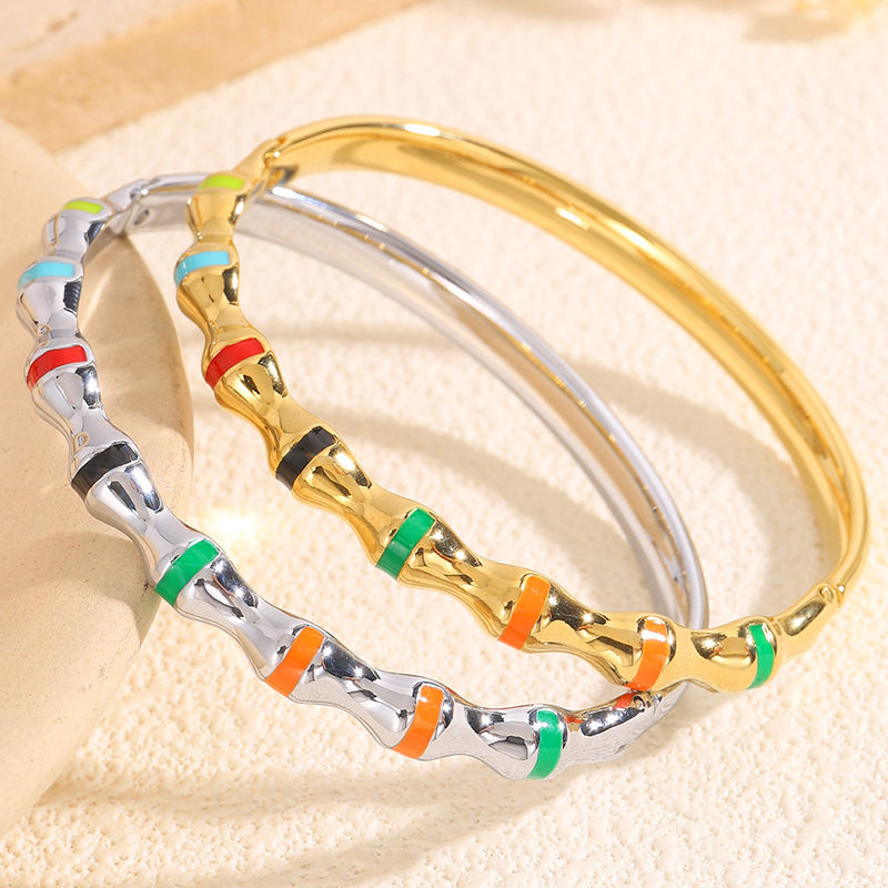 Brazalete de acero de titanio personalidad de goteo de agua de bambú colorido goteo de aceite brazalete de nicho diseño de pareja joyas de brazalete