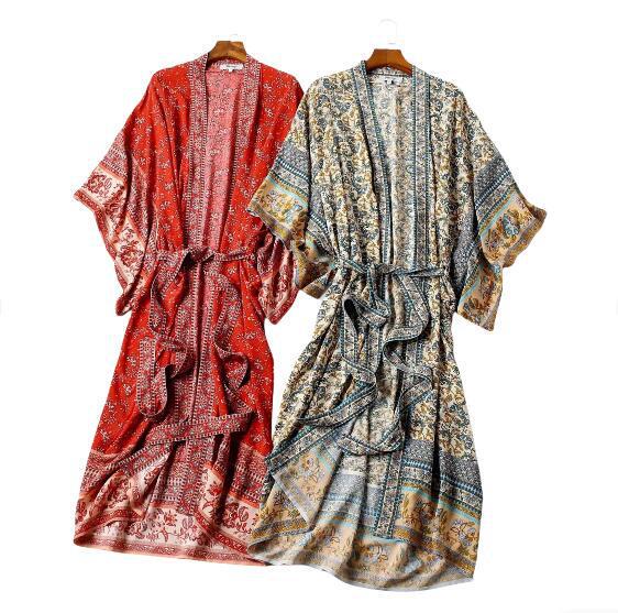 2025 spring new cross-border European and American fashion temperament V-neck wide sleeve rayon printed kimono dress women's clothing