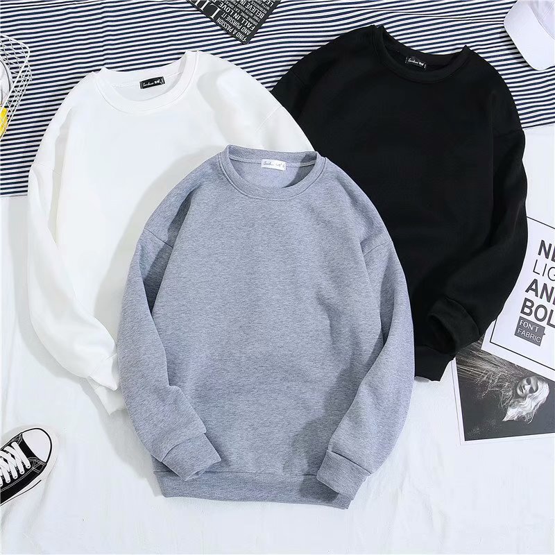 2024 New Korean Style Men's Spring and Autumn Casual Velvet Bottoming Top Round Neck Loose Pullover Solid Color Sweatshirt for Men