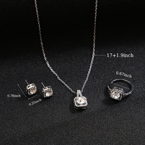 Export Hot Selling Pendant Square Cut Micro Inlaid Zircon Jewelry Set Fashion Elegance Necklace Earring Ring Three-Piece Set 