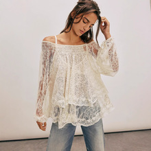 2025欧美跨境春季新款系带蝴蝶结一字领打揽双层蕾丝上衣