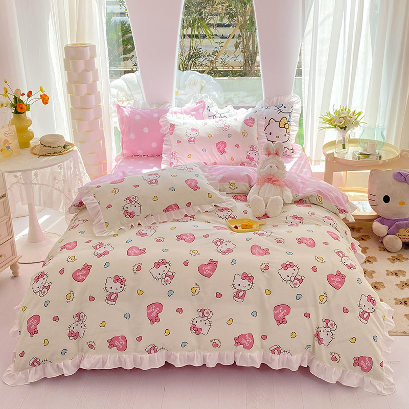 三丽鸥纯棉花边款四件套全棉公主风卡通HelloKitty床单被套床裙款|undefined