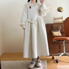 日系森系菱格拼花边夹棉连衣裙冬季新款宽松百搭减龄棉服大摆裙子