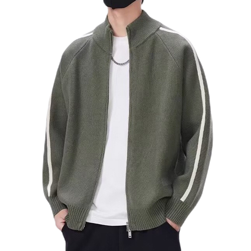 Explosiones transfronterizas de tamaño grande europeo a rayas cardigan suéter de punto chaqueta de hombre chaqueta de doble cremallera fábrica de marea al por mayor