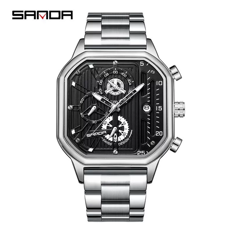 三达热销潮流皮带男士手表方形夜光防水钢带石英男表日历男款腕表