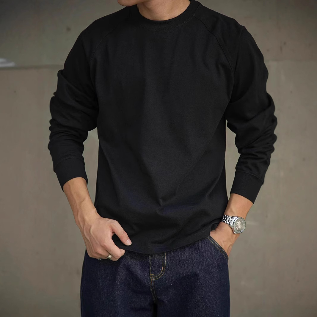 Tough Guy Kaji Camiseta de manga larga de algodón pesado para hombre con cuello redondo grueso 350G con camisa interior cálida e versátil