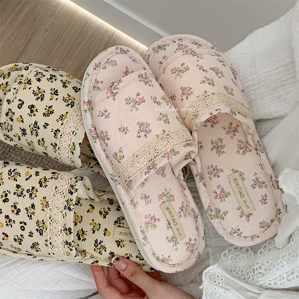 Универсальные женские тапочки из хлопка и льна с цветочным принтом в ретро-стиле, на все времена года, новинка 2025 года, милые домашние льняные сандалии в девичьем стиле