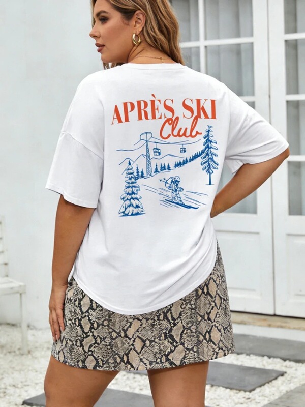 Plus Size Women's T-Shirt with Ski Club Graphic, Cotton Short-Sleeve Printed Shirt, Round Neck Casual Top Plus Size Women's T-Shirt with Ski Club Graphic, Cotton Short-Sleeve Printed Shirt, Round Neck Casual Top