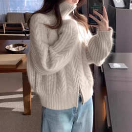复古麻花双拉链纯羊毛开衫女秋冬新款高领加厚毛衣宽松针织衫