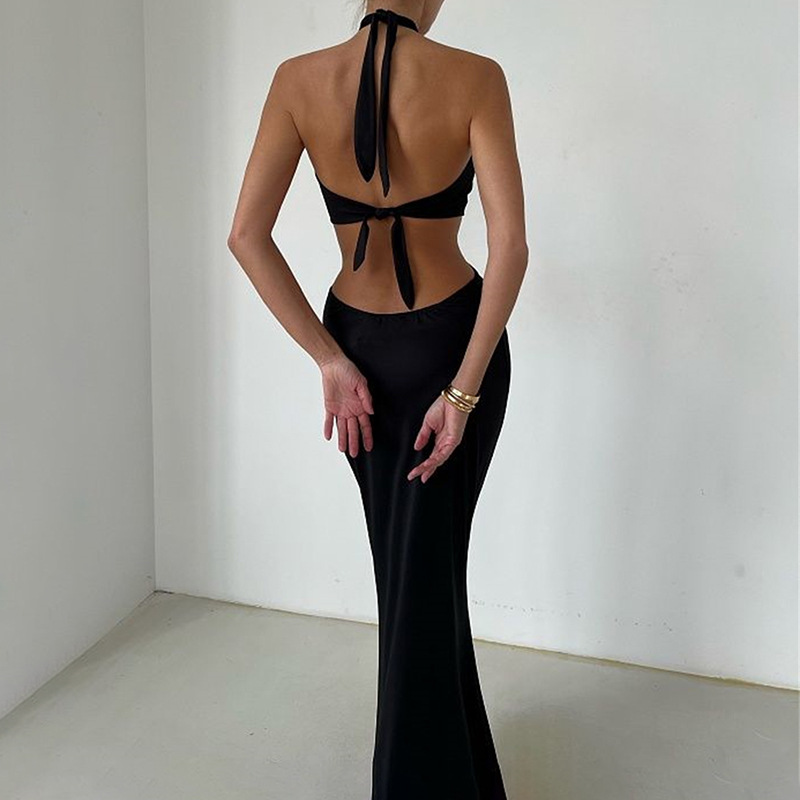 Europäisches und amerikanisches Sommerkleid, sexy Mode, Patchwork, Neckholder, offener Rücken, langer Rock_voghion.com