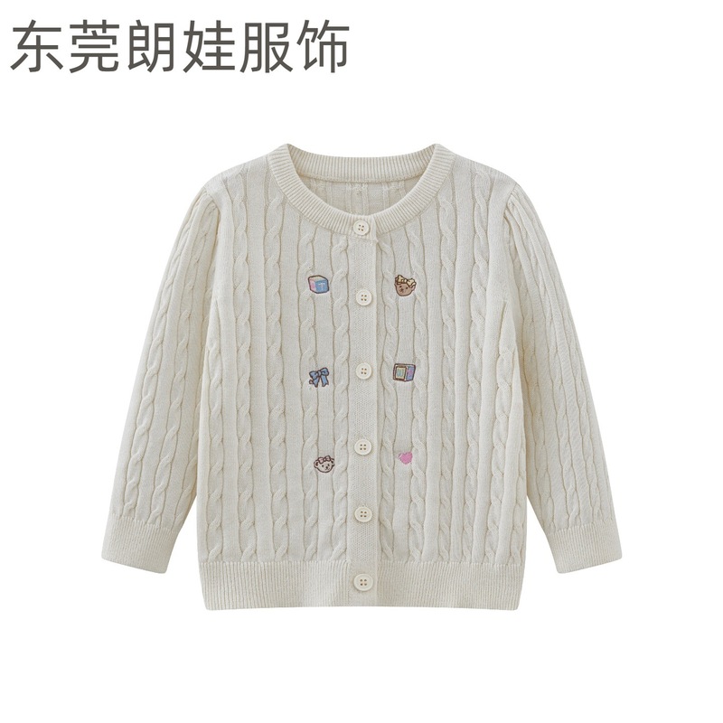 兒童刺绣纯棉针织软糯开衫卡通麻花秋冬新款外穿女宝毛衣韩版外套|undefined