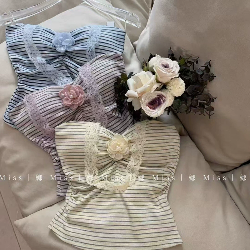Новый жилет Pure Desire с кружевными подтяжками, полосатый нагрудник, летний облегающий короткий кружевной топ для девочек